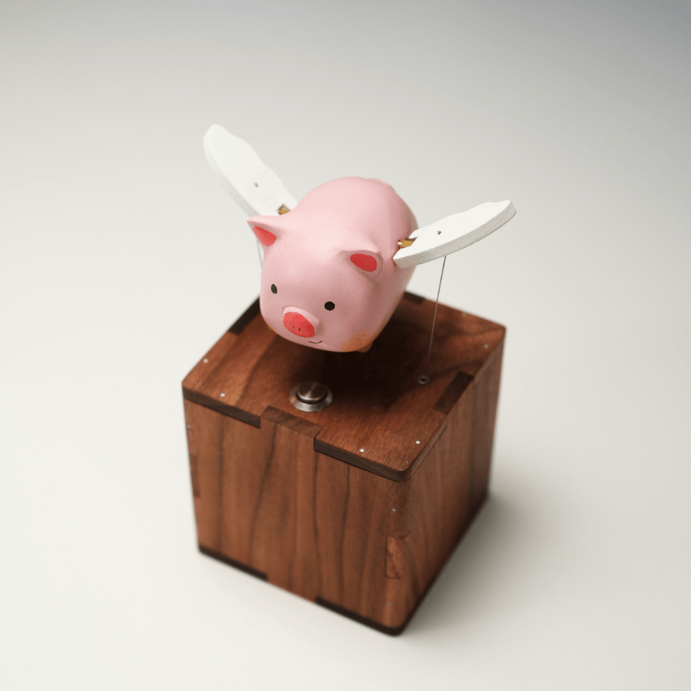 Handcrafted wooden angel pig automaton whimsical gift - image 8