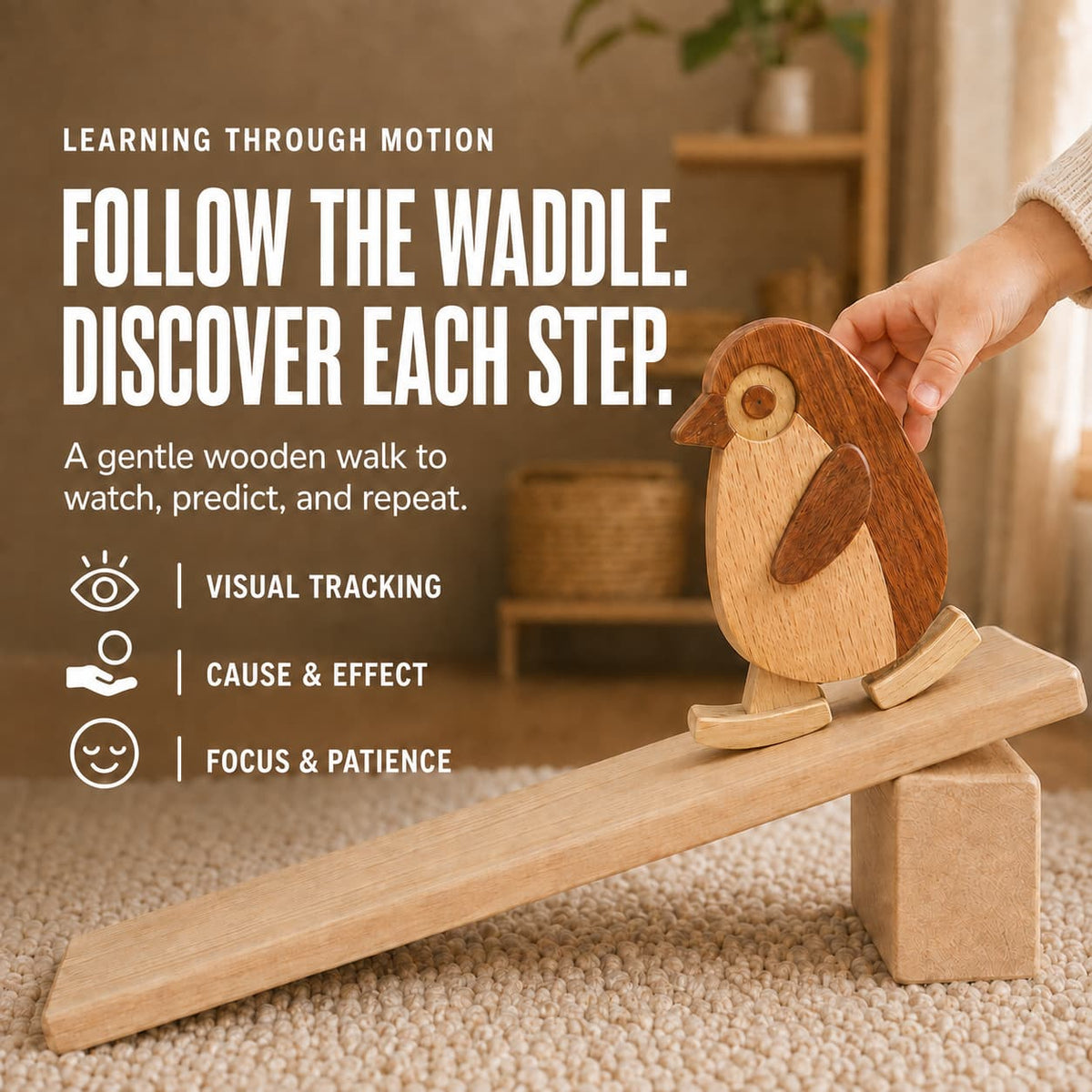 Close view of the wooden penguin ramp walker and its character details