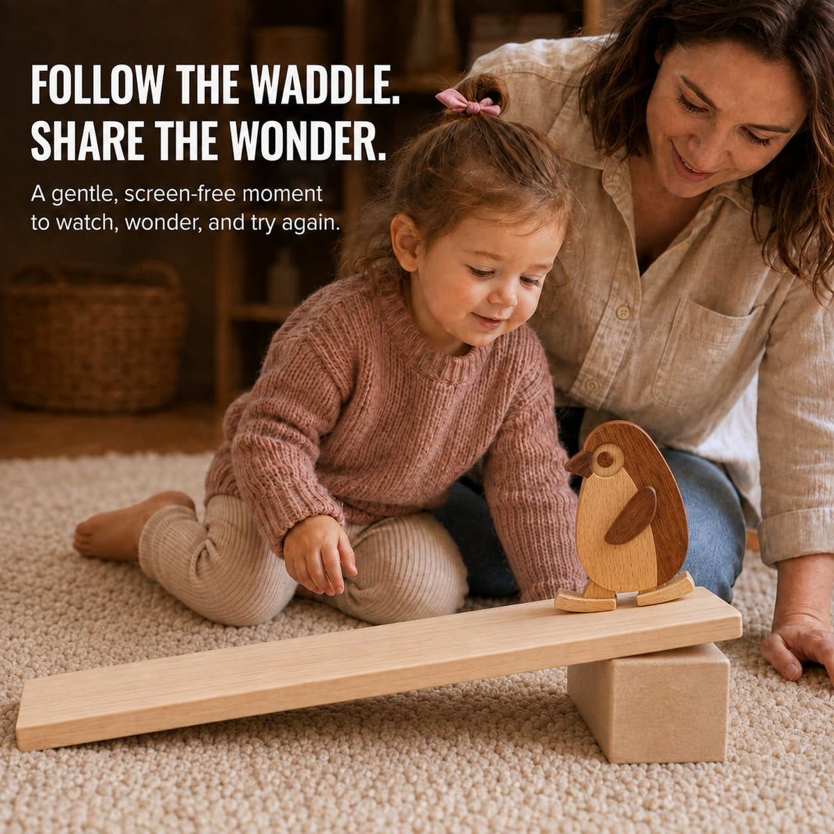 Wooden penguin ramp walker moving down the included wooden ramp