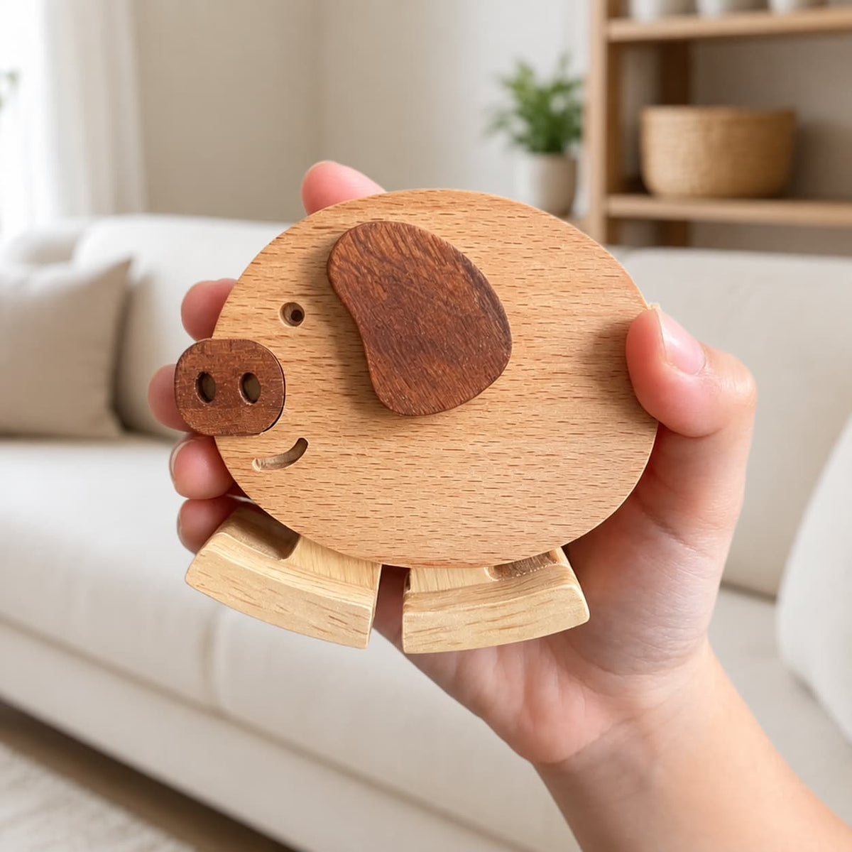 Close view of the wooden pig ramp walker and its character details