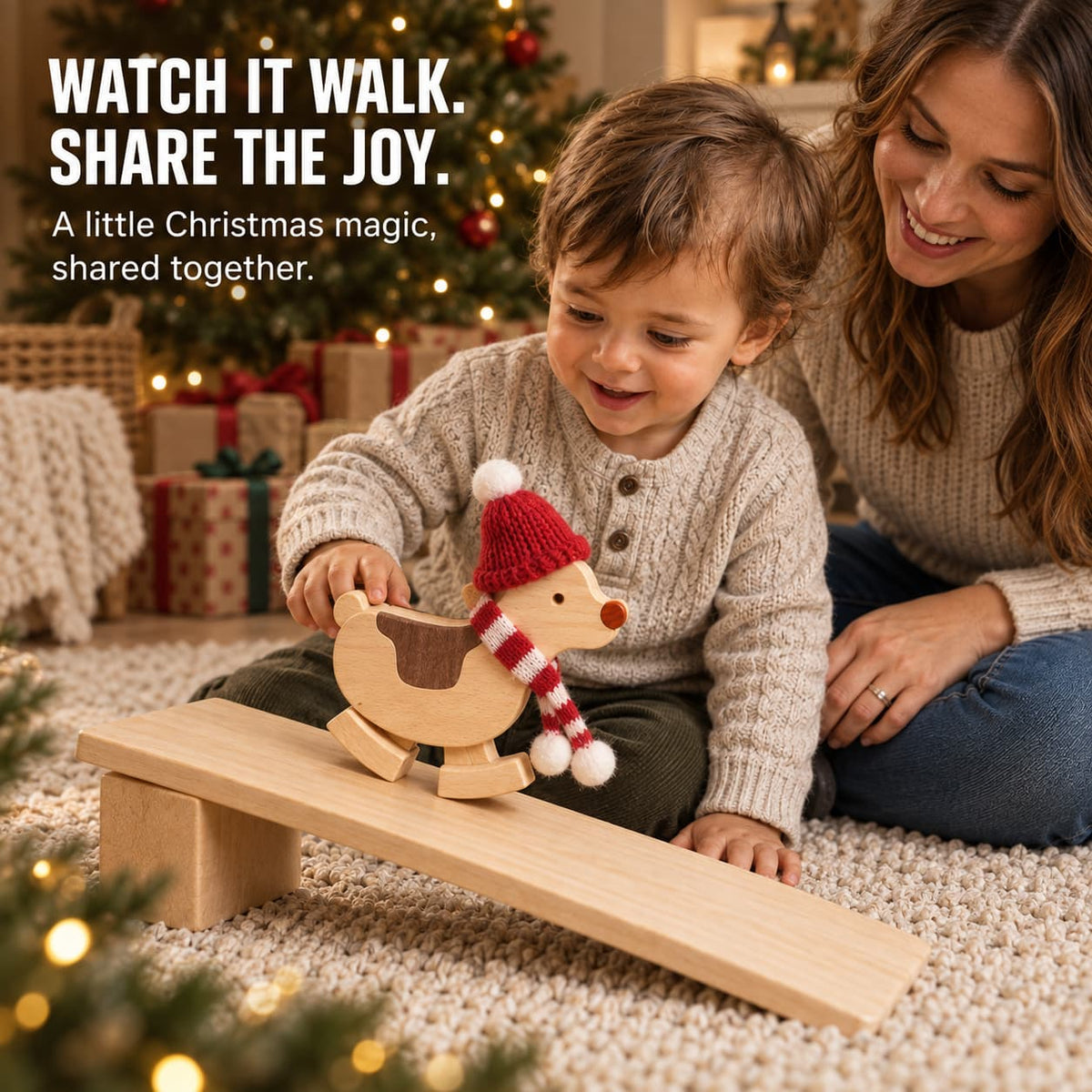 Wooden reindeer ramp walker moving down the included wooden ramp