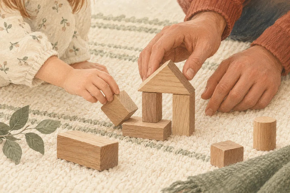 Illustration of a child and a parent arranging natural wooden blocks into a little house.