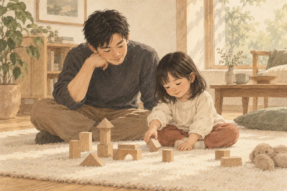 Illustration of a father and daughter exploring wooden blocks together on a rug.